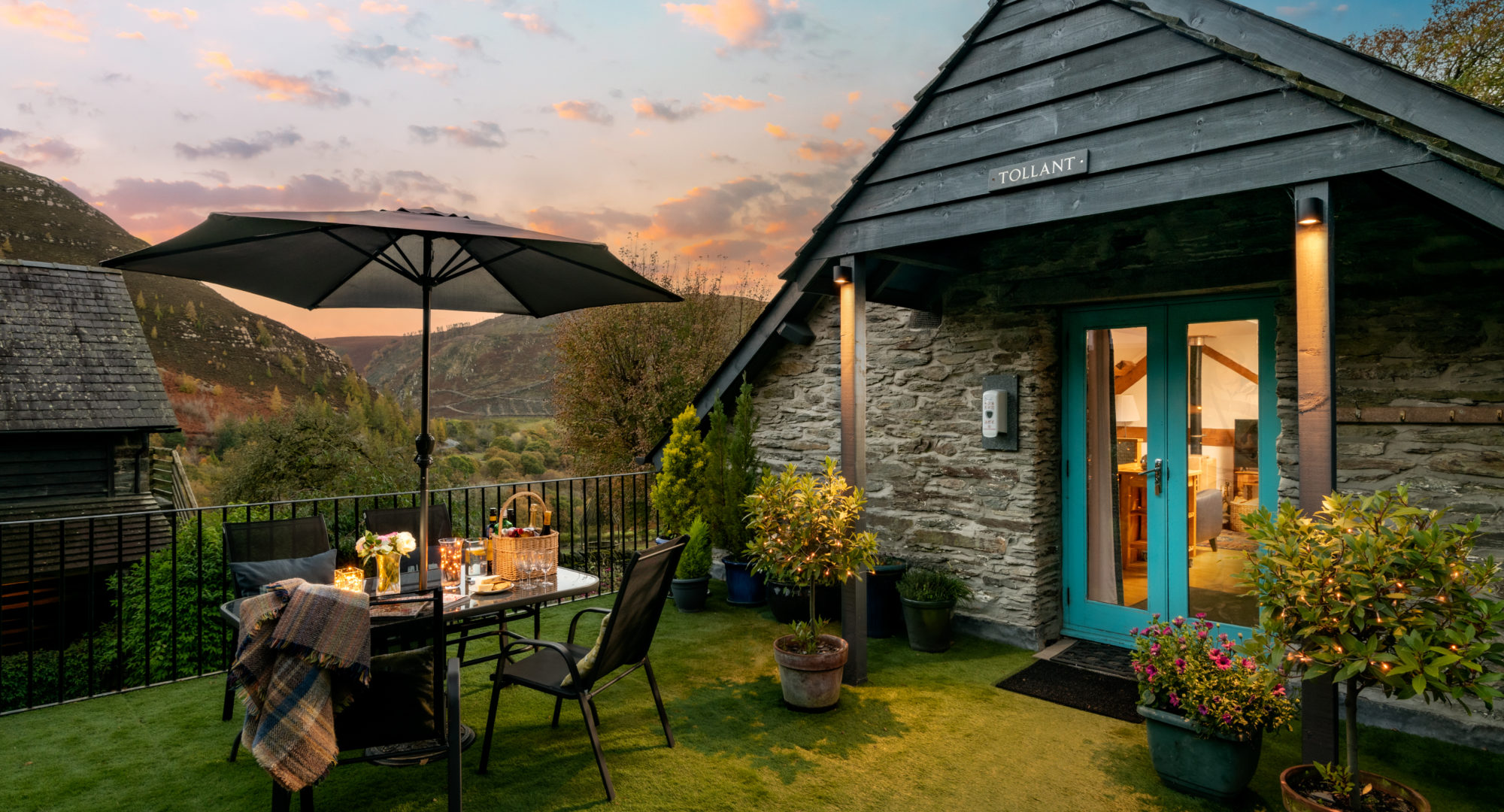 Outdoor seating for a Mid Wales holiday lodge cottage with hot tub